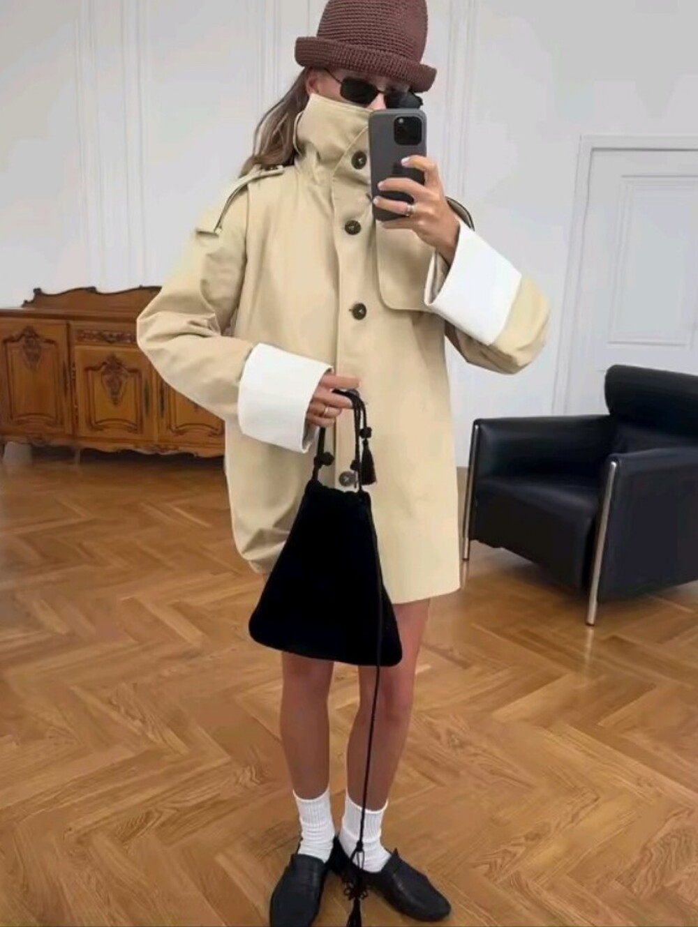 Women Chic Stand Collar Belted Trench Coat Casual Contrast Cuff Single Breasted - Picture 2 of 7